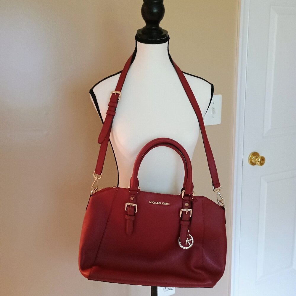MICHAEL KORS BURGUNDY LEATHER LARGE SATCHEL BAG W/TOP HANDLES-GOLD HARDWARE